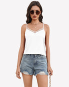 Silk satin tank top with mesh V-neck, spaghetti straps, white