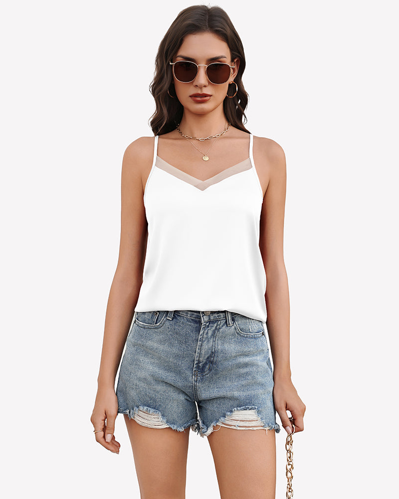 Silk satin tank top with mesh V-neck, spaghetti straps, white