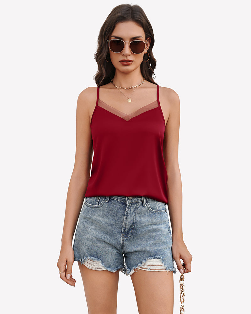 Silk satin tank top with mesh V-neck and spaghetti straps, dark red