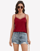 Silk satin tank top with mesh V-neck and spaghetti straps, dark red