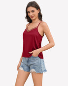 Silk satin tank top with mesh V-neck and spaghetti straps, wine red