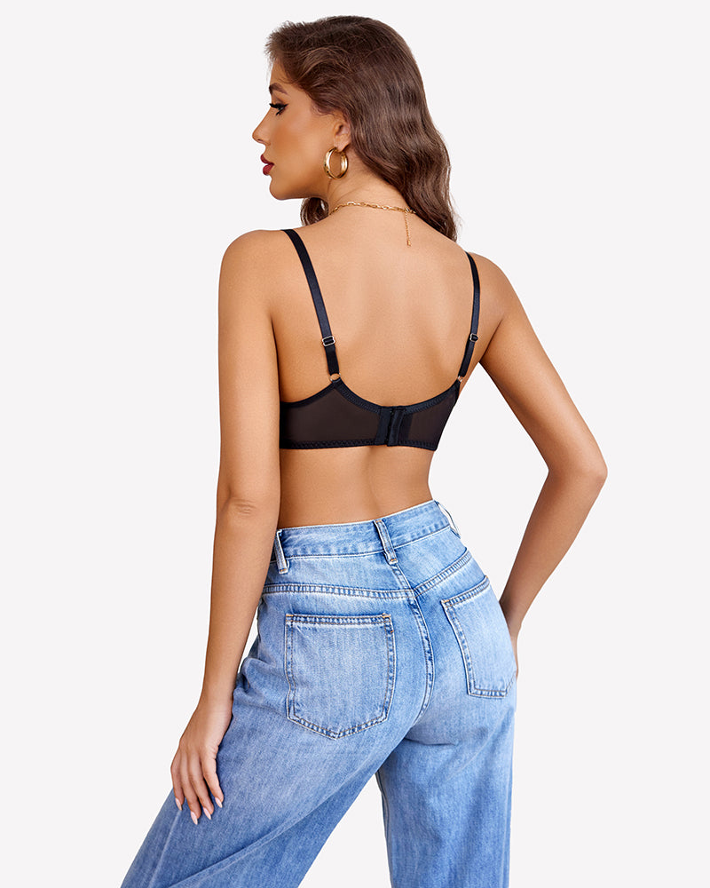 Black mesh underwire bra with lace back and adjustable straps