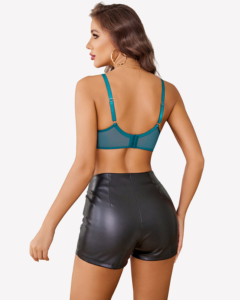 Teal lace underwire bra back with center-seam and adjustable straps