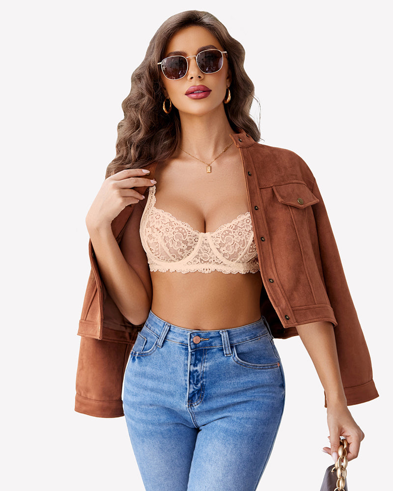 Champagne lace underwire bra with lace cups and adjustable thin straps