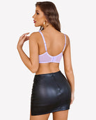 Lace underwire bra with adjustable straps, unlined, light lilac color, back view.