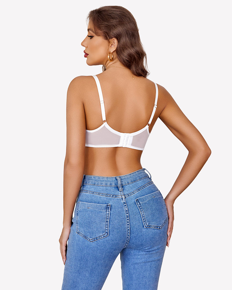 Lace underwire bra with adjustable straps, unlined, white color, back view.
