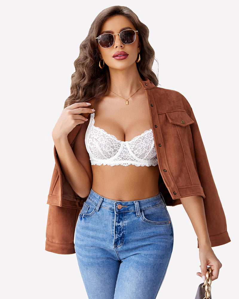 Lace underwire bra with adjustable straps, unlined, white color, front view.