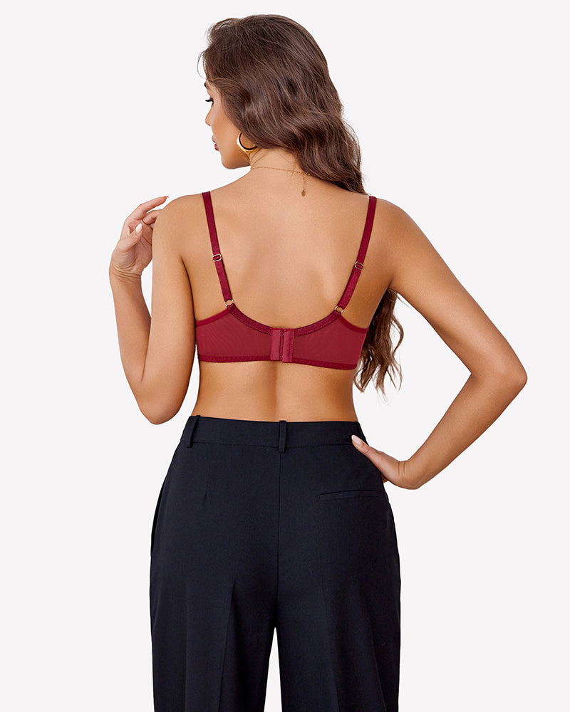 Lace underwire bra with adjustable straps, unlined, wine red color, back view.