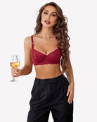 Lace underwire bra with adjustable straps, unlined, wine red color, front view.