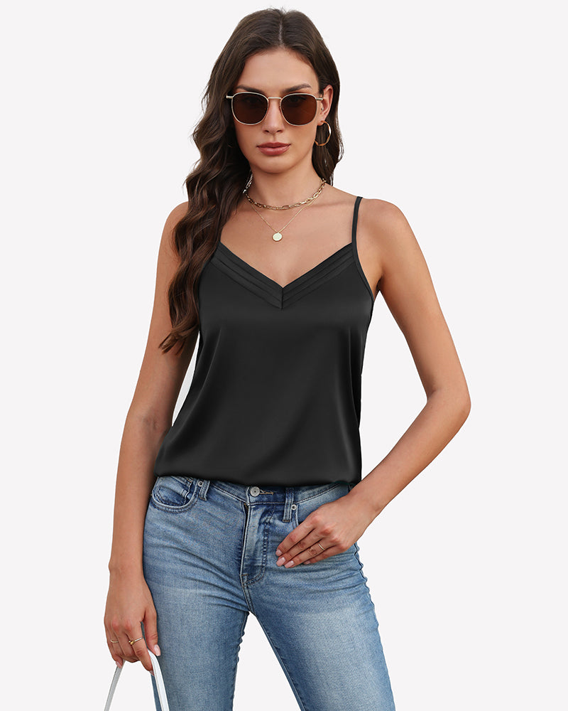 Black silk satin V-neck tank top with thin adjustable straps