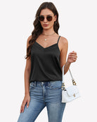 Black silk satin V-neck tank top with thin straps and draped fit