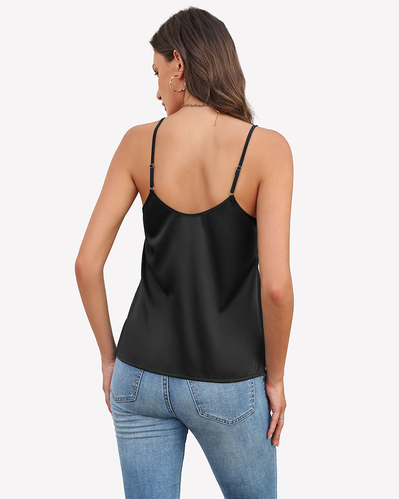 Black silk satin camisole tank top with low scoop back and thin straps