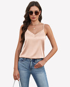 Champagne silk satin V-neck tank top with thin adjustable straps
