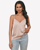 Champagne silk satin V-neck tank top with thin straps