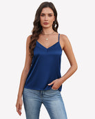 Dark blue silk satin V-neck tank top with thin adjustable straps