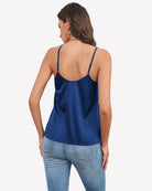 Dark blue silk satin camisole tank top with low scoop back and thin straps