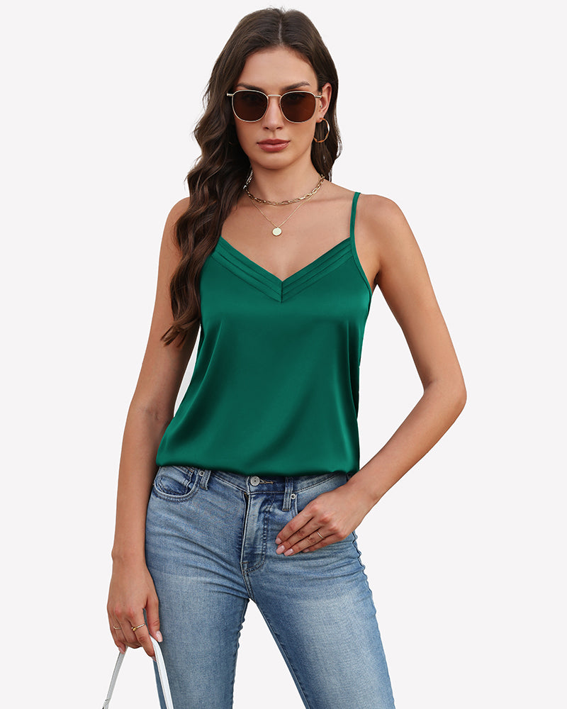 Evergreen silk satin V-neck tank top with thin adjustable straps