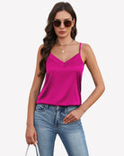 Silk satin tank top with V-neck, sleeveless, magenta