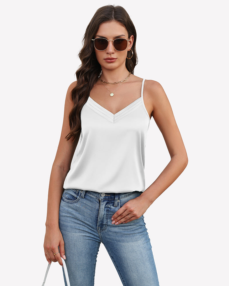 Silk satin tank top with V-neck, sleeveless, white