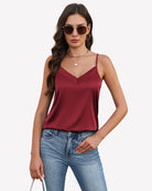 Silk satin tank top with V-neck, sleeveless, wine red