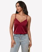 Silk satin V-neck tank top with thin straps, wine red