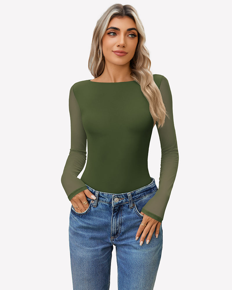 Deep green mesh long-sleeve bodysuit, fitted with a round neckline.