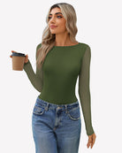 Deep green mesh long-sleeve bodysuit with a smooth, fitted front.