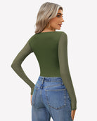Deep green mesh long-sleeve bodysuit shown from the back.