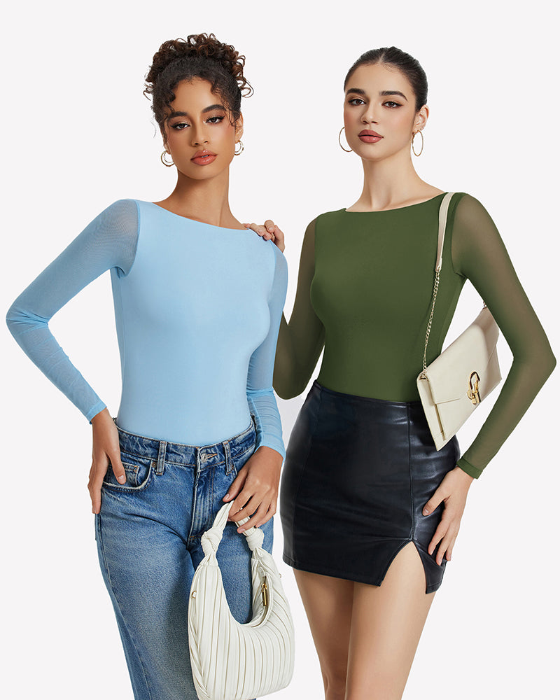 Mesh long-sleeve bodysuits in light blue and deep green, fitted silhouette.