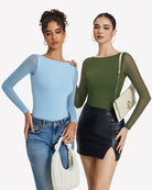 Mesh long-sleeve bodysuits in light blue and deep green, fitted silhouette.
