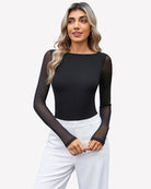Black mesh long-sleeve bodysuit with sheer sleeves and square neckline.