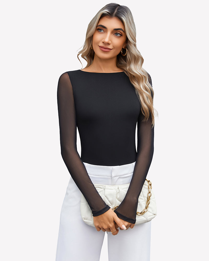 Black mesh long-sleeve bodysuit with sheer sleeves and a round neckline.