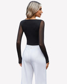 Black mesh long-sleeve bodysuit shown from the back.