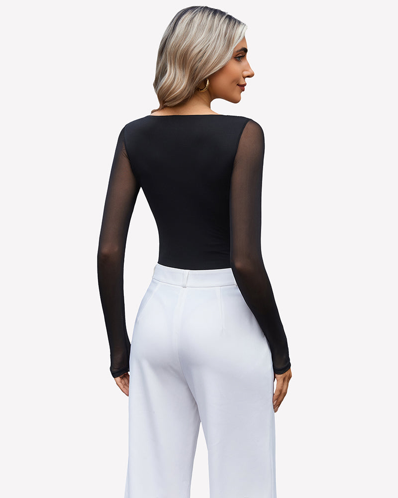 Black mesh long-sleeve bodysuit shown from the back.