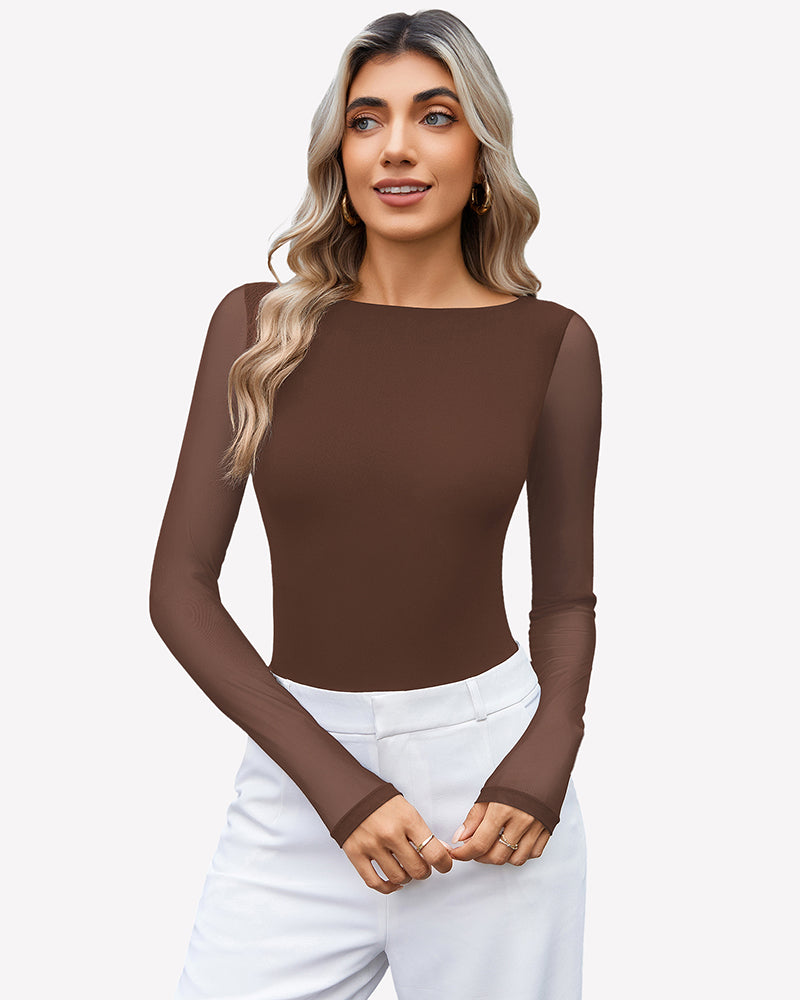 Brown mesh long-sleeve bodysuit with a fitted shape and sheer sleeves.