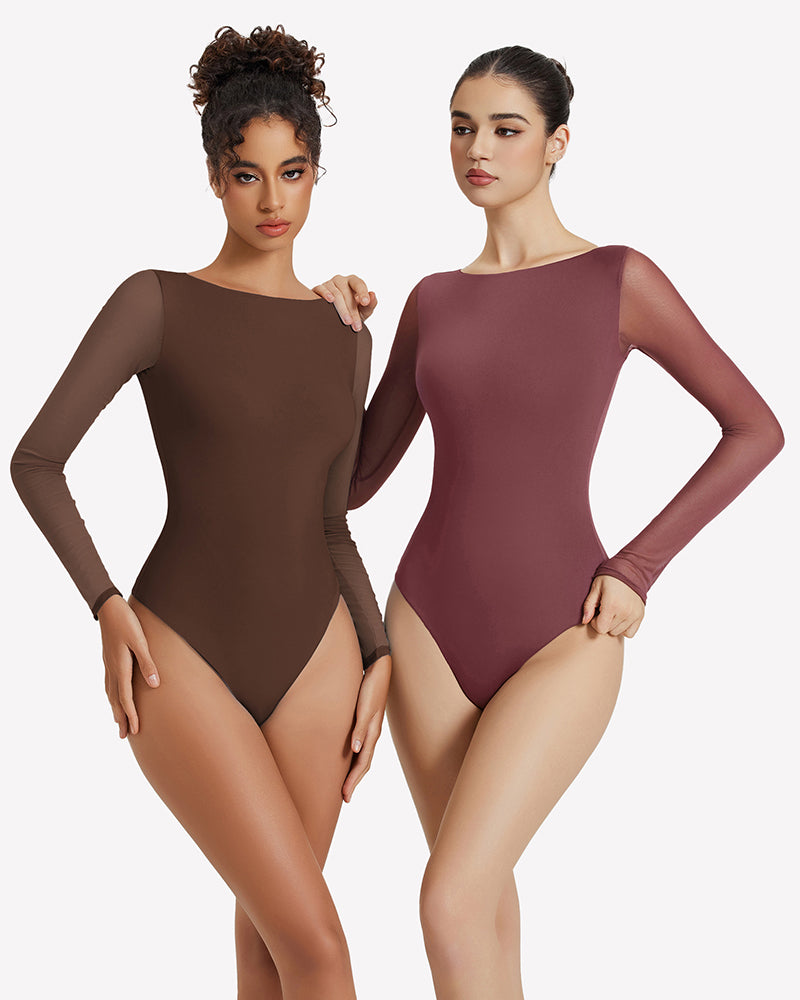 Mesh sleeveless bodysuits in dark brown and burgundy, fitted with high-cut legs.