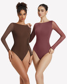 Mesh sleeveless bodysuits in dark brown and burgundy, fitted with high-cut legs.