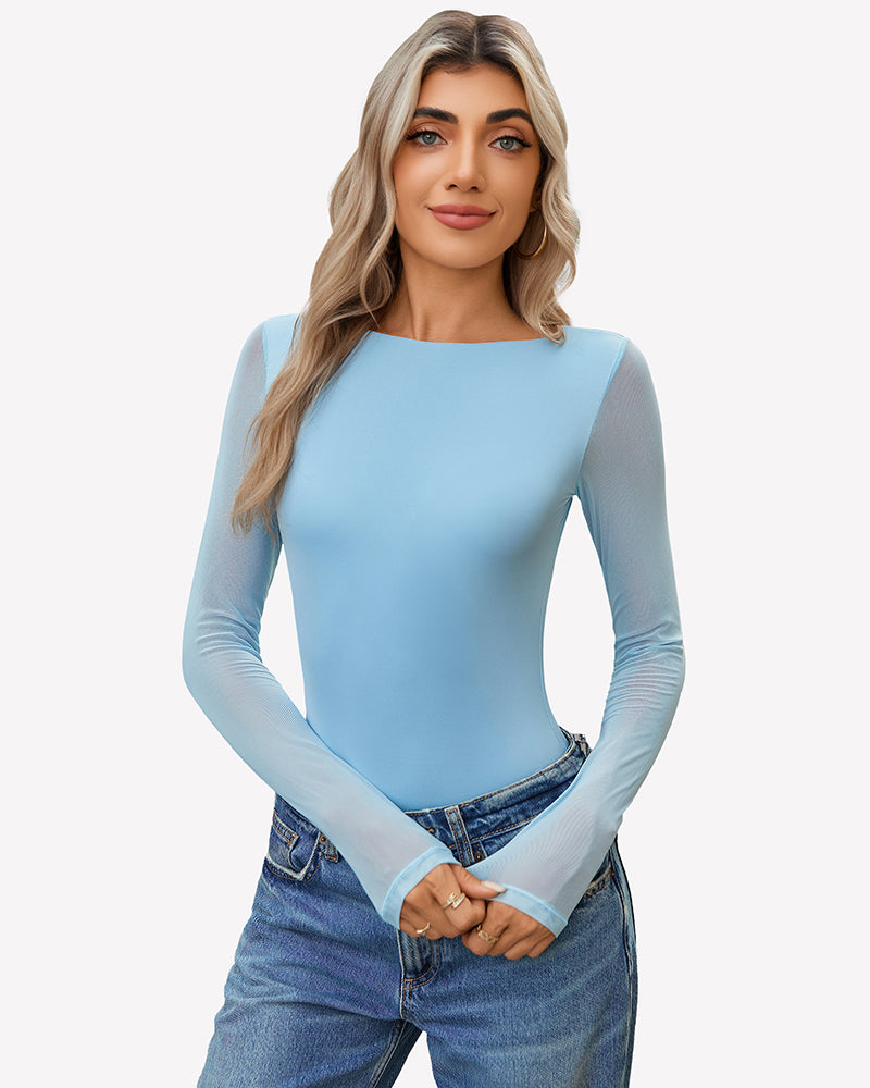 Mesh long-sleeve bodysuit, light blue, scoop neck, sheer long sleeves