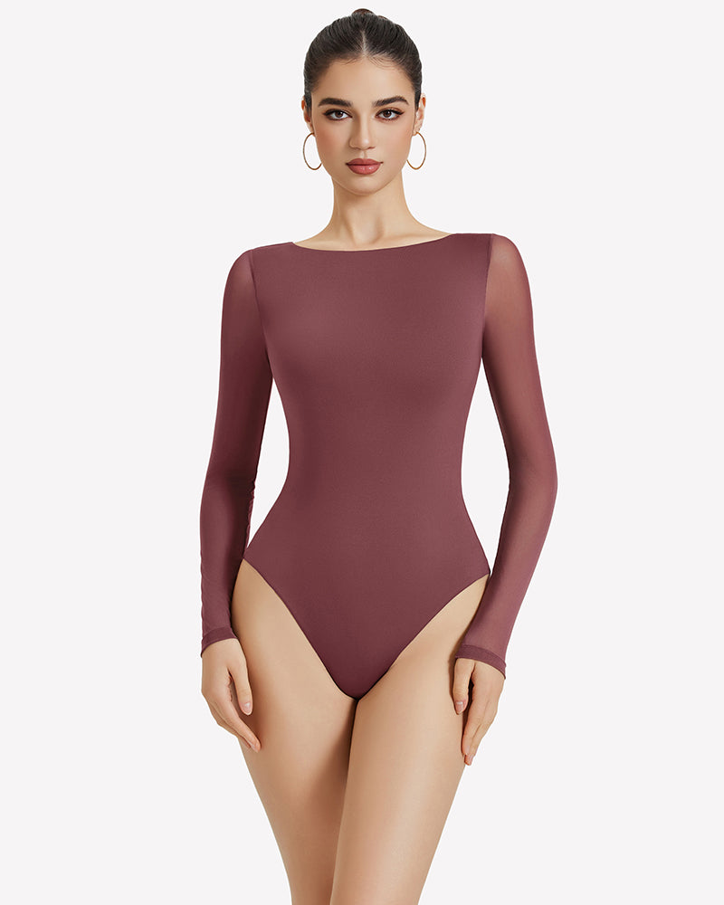 Mesh long-sleeve bodysuit, burgundy, scoop neck, sheer long sleeves, high-cut legs