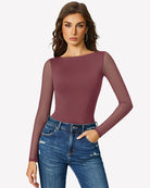 Mesh long-sleeve bodysuit, burgundy, scoop neck, sheer long sleeves