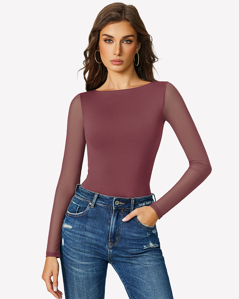 Mesh long-sleeve bodysuit, burgundy, scoop neck, sheer long sleeves