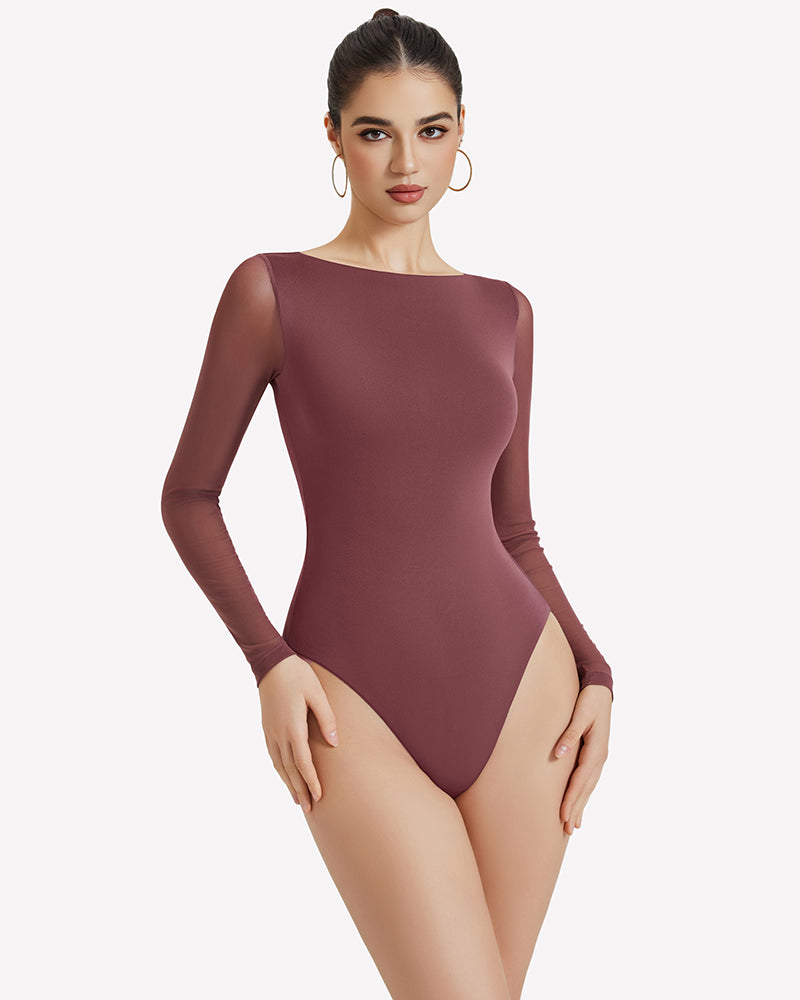 Mesh long-sleeve bodysuit, mauve-burgundy, scoop neck, sheer long sleeves