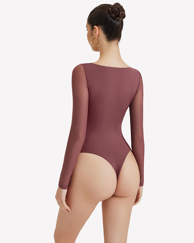 Mesh long-sleeve bodysuit, burgundy, scoop back, sheer fabric, high-cut coverage