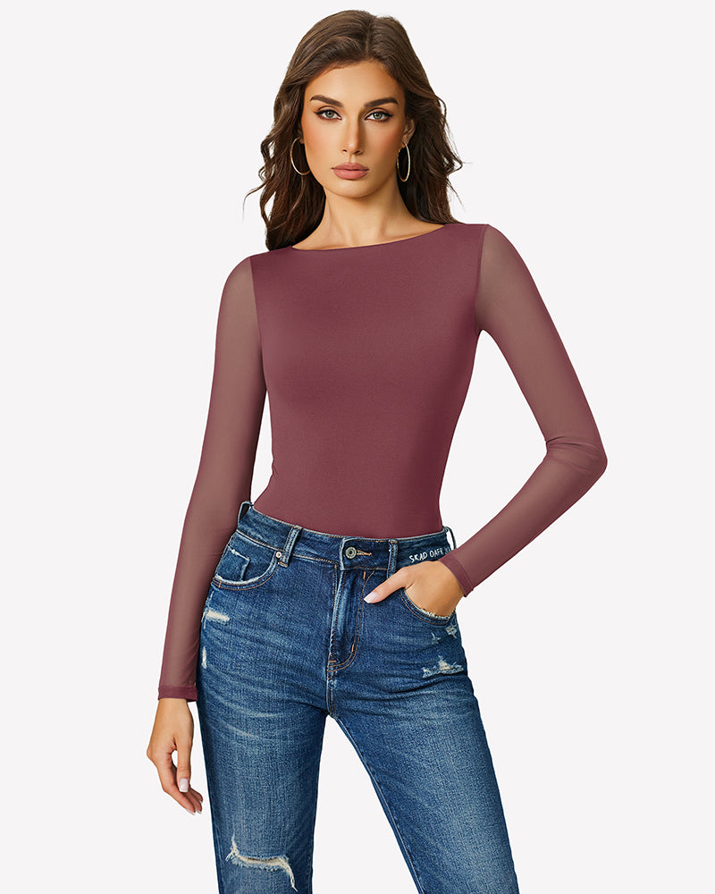 Mesh long-sleeve bodysuit, burgundy, scoop neck, sheer long sleeves