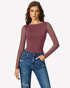 Mesh long-sleeve bodysuit, burgundy, scoop neck, sheer long sleeves