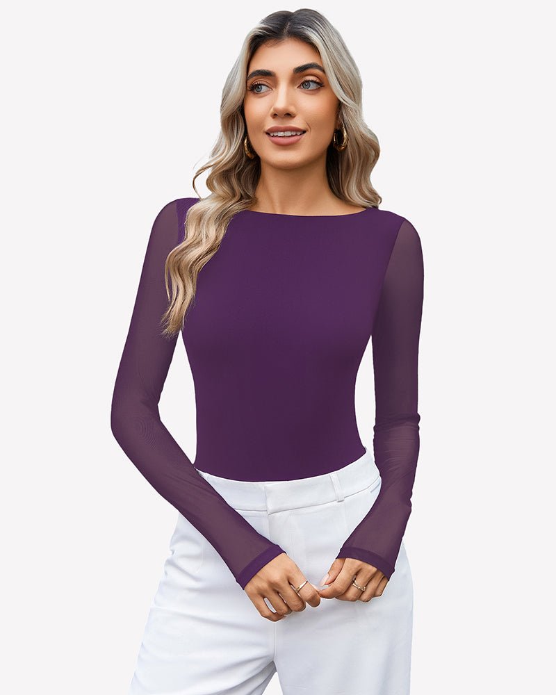 Mesh long-sleeve bodysuit, purple, scoop neck, sheer long sleeves