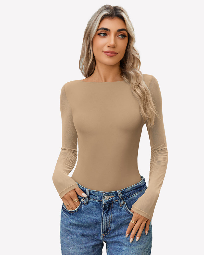 Mesh long-sleeve bodysuit, beige, scoop neck, sheer long sleeves