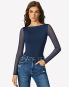 Navy mesh long sleeve bodysuit with round neckline