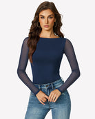 Navy mesh long sleeve bodysuit with sheer sleeves and fitted waist