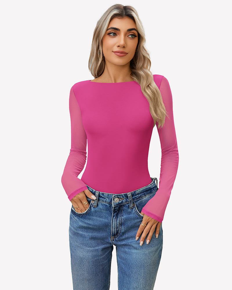 Pink mesh long sleeve bodysuit with stretch fit and crew neckline